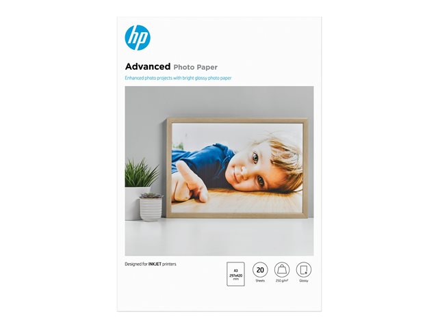 HP Advanced Photo Paper - Glossy - A3 (297 x 420 mm) - 250 g/m² - 20 sheet(s) photo paper - for ENVY Inspire 7920, Officejet 7000 E809, 7510, 76XX, Officejet Pro 77XX