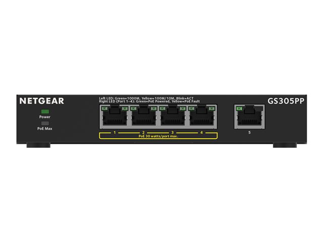 NETGEAR 300 Series GS305PP - Switch - SOHO - unmanaged - 5 x 10/100/1000 (4 PoE+) - desktop, wall-mountable - PoE+ (83 W)