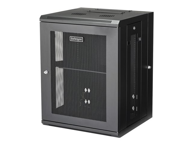 StarTech.com 15U 19\" Wall Mount Network Cabinet, 16\" Deep Hinged Locking IT Network Switch Depth Enclosure, Assembled Vented Computer Equipment Data Rack with Shelf & Flexible Side Panels - 15U Vented Cabinet - Rack cabinet - 4-post - wall mountable - black - 15U - 16\"