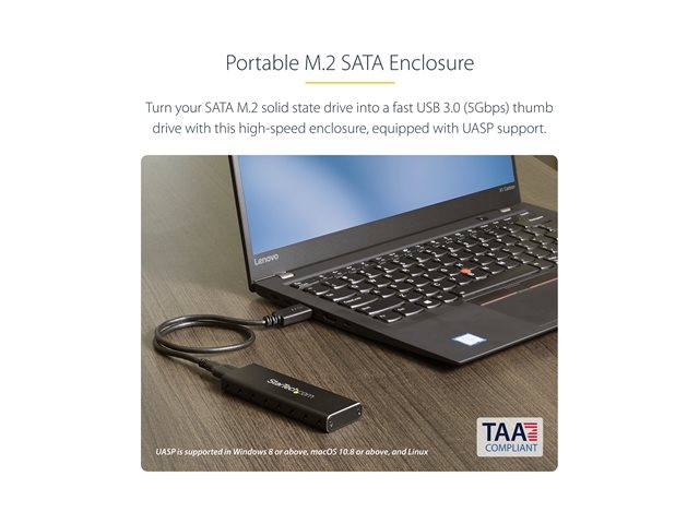 StarTech.com M.2 SSD Aluminum Enclosure to USB 3.0 (5Gbps) with UASP - M.2 NGFF SATA with B Key & B+M Key - External M.2 Portable Enclosure (SM2NGFFMBU33) - Storage enclosure - M.2 - SATA 6Gb/s - USB 3.0 - black