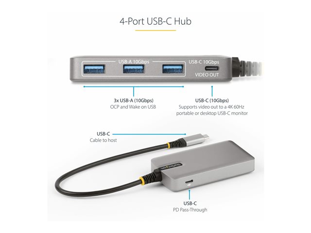 StarTech.com 4-Port USB-C Hub with USB-C DP Alt Mode Video Output 4K 60Hz, 3x USB-A, 1x USB-C, 100W Power Delivery Pass-Through, USB 3.2 Gen 2 (10Gbps), Portable USB Type-C to USB Type-A/C - 1ft (30cm) Host Cable (HB31C3A1CDPPD3) - Hub - 1 x USB-C +