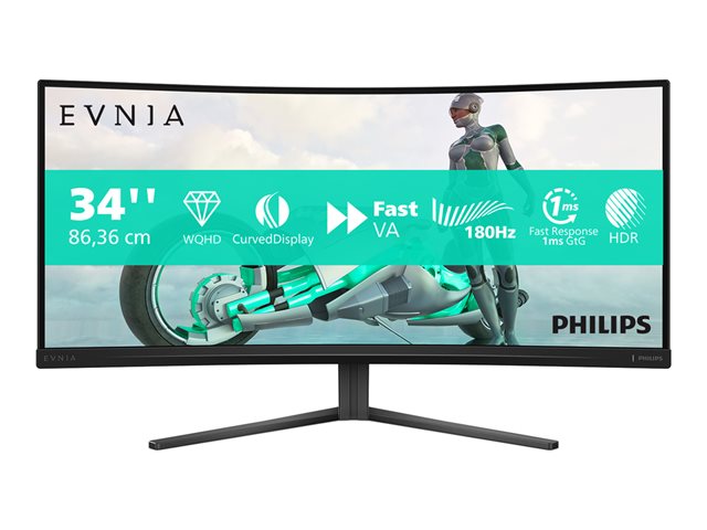 Philips Evnia 3000 34M2C3500L - LED monitor - gaming - curved - 34\" - 3440 x 1440 WQHD @ 180 Hz - Fast VA - 300 cd/m² - 4000:1 - HDR10 - 1 ms - 2xHDMI, DisplayPort - charcoal