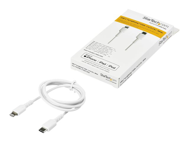 StarTech.com (1m) Durable White USB-C to Lightning Cable, Heavy Duty Rugged Aramid Fiber USB Type A to Lightning Charger/Sync Power Cord, Apple MFi Certified iPad/iPhone 12 Pro Max - iPhone 7/8/11/11 Pro - Lightning cable - Lightning male to 24 pin USB-C male - 1 m - white