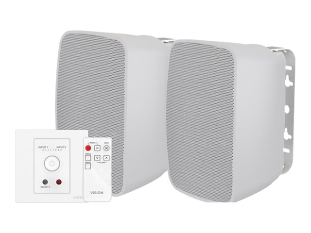 VISION Techconnect Faceplate Audio Amplifier with Speakers - LIFETIME WARRANTY - 2 x 25w (RMS @ 8 Ohms) - Two inputs (input 1 duplicated on front) - Remote control - comes on at preset level or resumes previous volume - UK surround and backbox includ