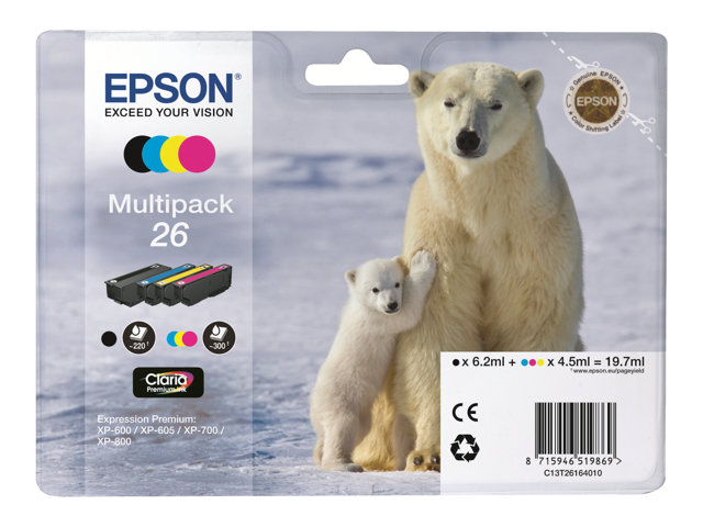Epson 26 Multipack - 4-pack - black, yellow, cyan, magenta - original - ink cartridge - for Expression Premium XP-510, 520, 600, 605, 610, 615, 620, 625, 700, 710, 720, 800, 810, 820