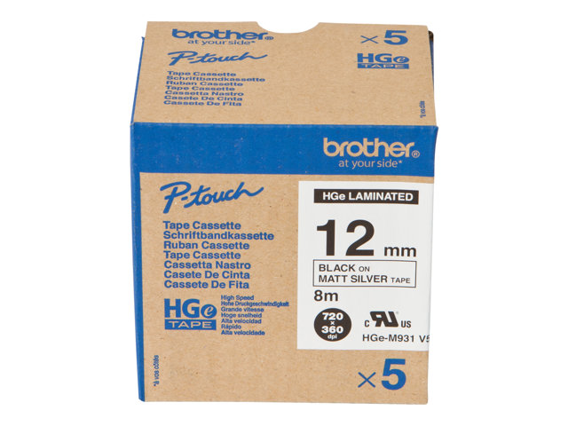 Brother HGE-M931V5 - Black on silver - Roll (1.2 cm x 8 m) 5 cassette(s) laminated tape - for P-Touch PT-9500pc, PT-9700PC, PT-9800PCN, P-Touch R RL-700S