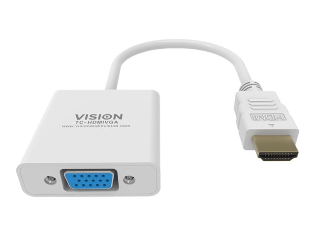 VISION Professional installation-grade HDMI to VGA adaptor - LIFETIME WARRANTY - maximum resolution 1920 x 1080 - does not convert VGA to HDMI - HDMI (M) to VGA (F) - outer diameter 5.5 mm - 32 AWG - overall length 230 mm - white