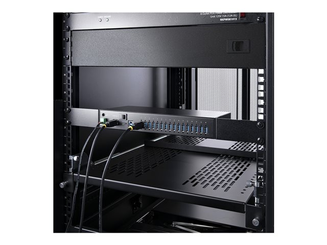 StarTech.com 16-Port Industrial USB 5Gbps Hub with Power Adapter, Metal Enclosure, Mountable, ESD Protection, Terminal Block Power, USB Charging, Dual-Host Switch - TAA - Hub - 16 x USB 3.2 Gen 1 - desktop, rack-mountable, wall-mountable, DIN rail mountable - TAA Compliant