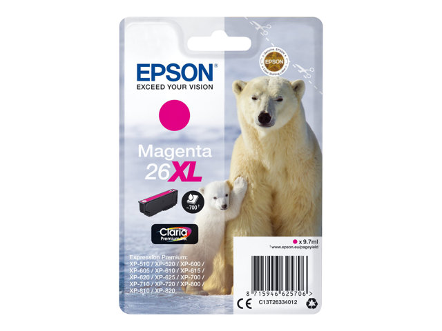 Epson 26XL - 8.7 ml - XL - magenta - original - blister - ink cartridge - for Expression Premium XP-510, 520, 600, 605, 610, 615, 620, 625, 700, 710, 720, 800, 810, 820