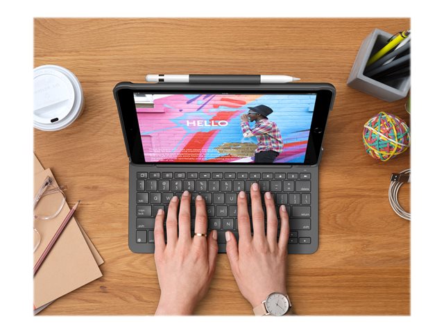 Logitech Slim Folio - Keyboard and folio case - wireless - Bluetooth - QWERTY - UK - graphite - for Apple 10.2-inch iPad (7th generation, 8th generation, 9th generation)