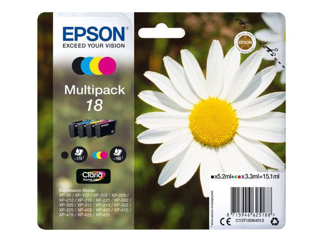 Epson 18 Multipack - 4-pack - 15.1 ml - black, yellow, cyan, magenta - original - ink cartridge - for Expression Home XP-212, 215, 225, 312, 315, 322, 325, 412, 415, 422, 425