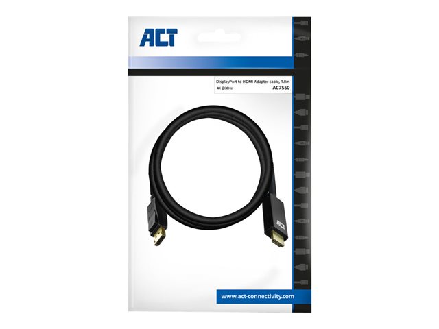 ACT - Hoge snelheid - adapterkabel - DisplayPort male naar HDMI male - 1.8 m - zwart - gevormd, ondersteunt 4K30Hz (3840 x 2160), 1920 x 1080 bij 60 Hz-ondersteuning