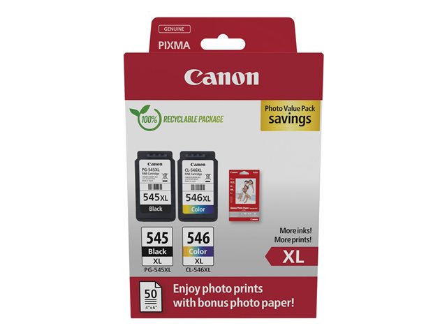 Canon PG-545XL/CL-546XL Photo Paper Value Pack - 2-pack - High Yield - black, colour (cyan, magenta, yellow) - original - hanging box - ink cartridge / paper kit - for PIXMA TR4551, TR4650, TR4651, TS3350, TS3351, TS3352, TS3355, TS3450, TS3451, TS34