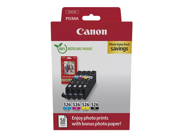 Canon CLI-526 C/M/Y/BK Photo Value Pack - 4-pack - 9 ml - yellow, cyan, magenta, black - original - box - ink tank / paper kit - for PIXMA iP4950, iX6550, MG5250, MG5350, MG6150, MG6250, MG8150, MG8250, MX715, MX885, MX895