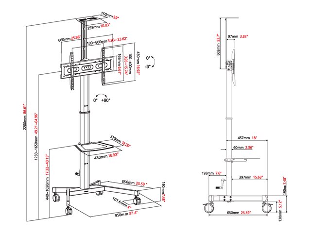 VISION Professional Display Floor Stand - LIFETIME WARRANTY - Steel construction - Trolley fits displays 31-80\" with VESA sizes up to 600 x 400 - Rotates portrait to landscape - Crank handle adjusts height - Tilt adjustment - Laptop and VC shelves in