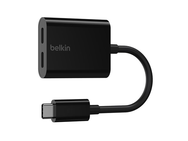 Belkin Connect Audio + Charge - USB-C to USB-C headphone / charging adapter - 24 pin USB-C male to 24 pin USB-C female - 14 m - black - USB Power Delivery (60W)