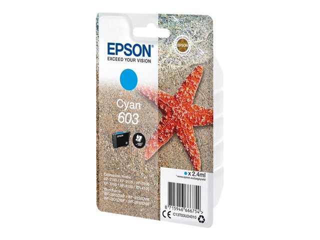 Epson 603 - 2.4 ml - cyan - original - blister with RF/acoustic alarm - ink cartridge - for Expression Home XP-2100, 2105, 3100, 3105, 4100, 4105, WorkForce WF-2810, 2830, 2835, 2850
