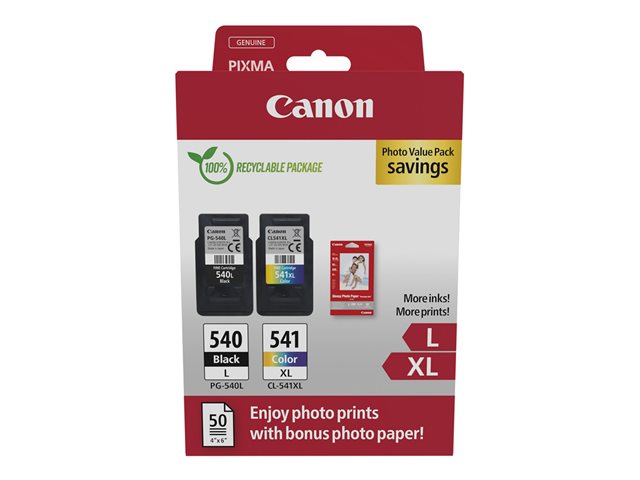 Canon PG-540L/CL-541XL Photo Value Pack - Glossy - 2-pack - High Yield - black, colour (cyan, magenta, yellow) - original - hanging box - ink tank / paper kit - for PIXMA MG3250, MG3550, MG3650, MG4250, MX395, MX455, MX475, MX525, MX535, TS5150, TS5151