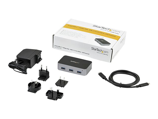 StarTech.com 4 Port USB C Hub with Power Adapter, USB 3.1/3.2 Gen 2 (10Gbps), USB Type C to 4x USB-A, Self Powered Desktop USB Hub with Fast Charging Port (BC 1.2) DCP, Desk Mountable - Windows/macOS/Linux (HB31C4AS) - Hub - 4 x USB 3.1 Gen 2 - desktop - AC 110/240 V - for P/N: PEXUSB321C