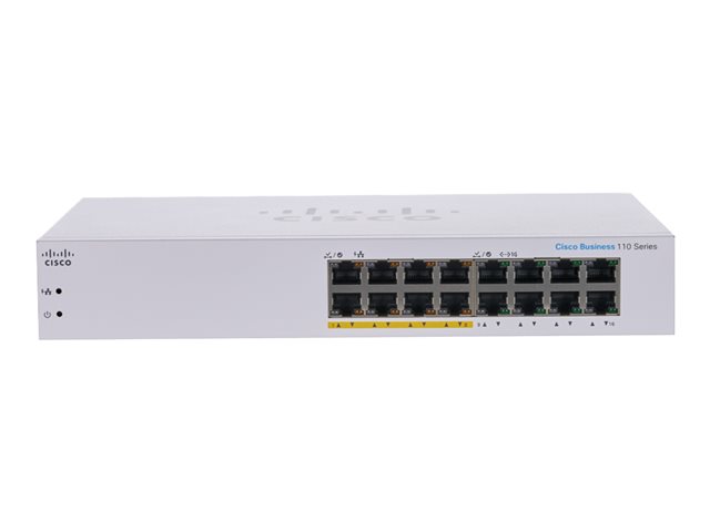 Cisco Business 110 Series 110-16PP - Switch - unmanaged - 8 x 10/100/1000 (PoE) + 8 x 10/100/1000 - desktop, rack-mountable, wall-mountable - PoE (64 W)