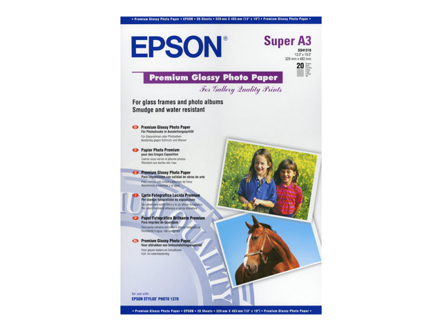 Epson Premium - Glossy - Super A3/B (330 x 483 mm) - 255 g/m² - 20 sheet(s) photo paper - for SureColor SC-P700, P7500, P900, P9500, T2100, T3100, T3400, T3405, T5100, T5400, T5405