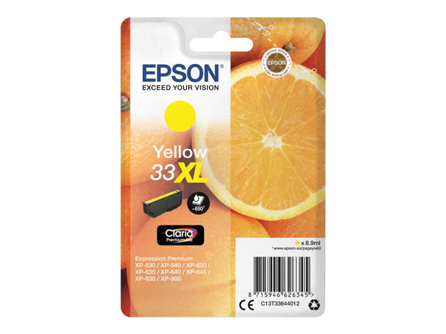 Epson 33XL - 8.9 ml - XL - yellow - original - blister - ink cartridge - for Expression Home XP-635, 830, Expression Premium XP-530, 540, 630, 635, 640, 645, 830, 900