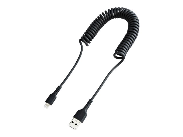 StarTech.com 1m (3ft) USB to Lightning Cable, MFi Certified, Coiled iPhone Charger Cable, Black, Durable and Flexible TPE Jacket Aramid Fiber, Heavy Duty Coil Charging Cable - Rugged USB Lightning Cable - Lightning cable - USB male to Lightning male - 1 m - black - coiled