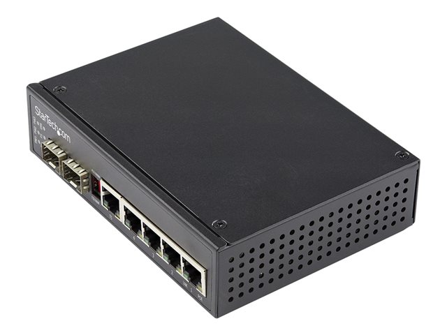 StarTech.com Industrial 6 Port Gigabit Ethernet Switch 4 PoE RJ45 +2 SFP Slots 30W PoE+ 48VDC 10/100/1000 Power Over Ethernet LAN Switch -40C to 75C, DIN Connector/Mountable, Fast Ethernet - High Power PoE Switch (IES1G52UPDIN) - Switch - 1 x 10/100/1000 + 4 x 10/100/1000 (PoE+) + 2 x SFP - DIN rail mountable - PoE+ (120 W) - DC power