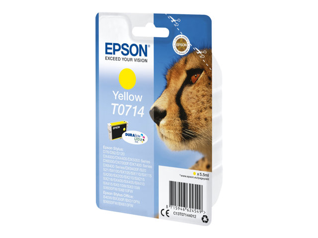 Epson T0714 - 5.5 ml - yellow - original - ink cartridge - for Stylus DX9400, SX115, SX210, SX215, SX218, SX415, SX515, SX610, Stylus Office BX310, BX610