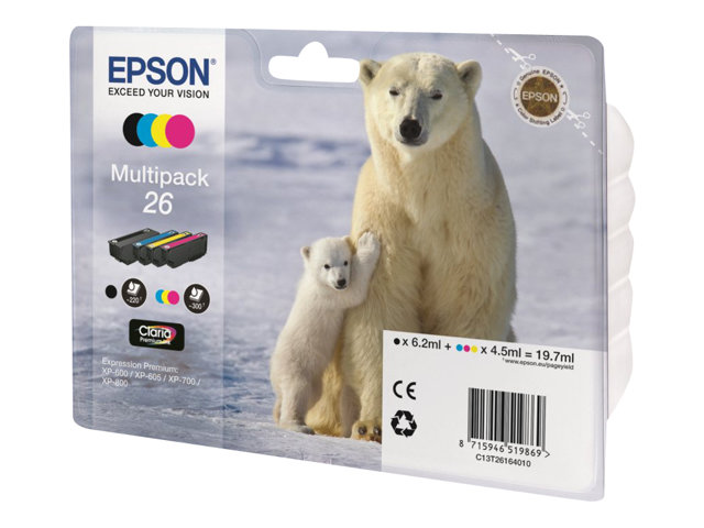 Epson 26 Multipack - 4-pack - black, yellow, cyan, magenta - original - ink cartridge - for Expression Premium XP-510, 520, 600, 605, 610, 615, 620, 625, 700, 710, 720, 800, 810, 820