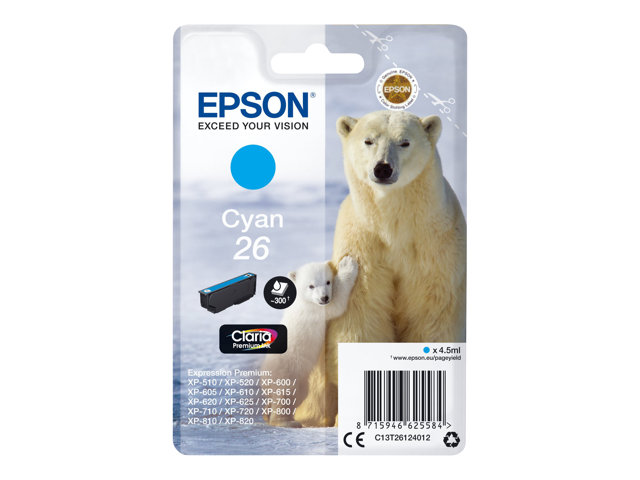 Epson 26 - 4.5 ml - cyan - original - blister with RF/acoustic alarm - ink cartridge - for Expression Premium XP-510, 520, 600, 605, 610, 615, 620, 625, 700, 710, 720, 800, 810, 820