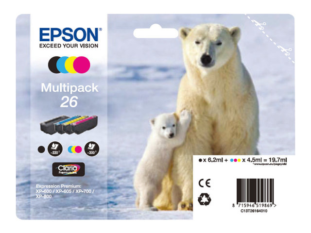 Epson 26 Multipack - 4-pack - black, yellow, cyan, magenta - original - ink cartridge - for Expression Premium XP-510, 520, 600, 605, 610, 615, 620, 625, 700, 710, 720, 800, 810, 820