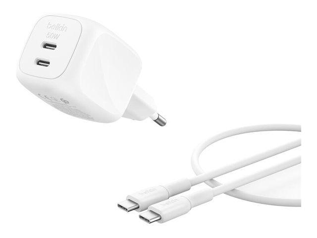 BoostCharge 50W Dual USB-C PD Wall Charger with PPS, WHT with 1m USB-C-C Cable