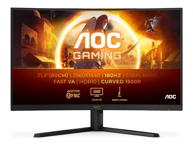 AOC Gaming CQ32G4VE - G4 Series - LED monitor - gaming - curved - 32\" (31.5\" viewable) - 2560 x 1440 QHD @ 180 Hz - Fast VA - 300 cd/m² - 3500:1 - HDR10 - 0.5 ms - 2xHDMI, DisplayPort - black, grey