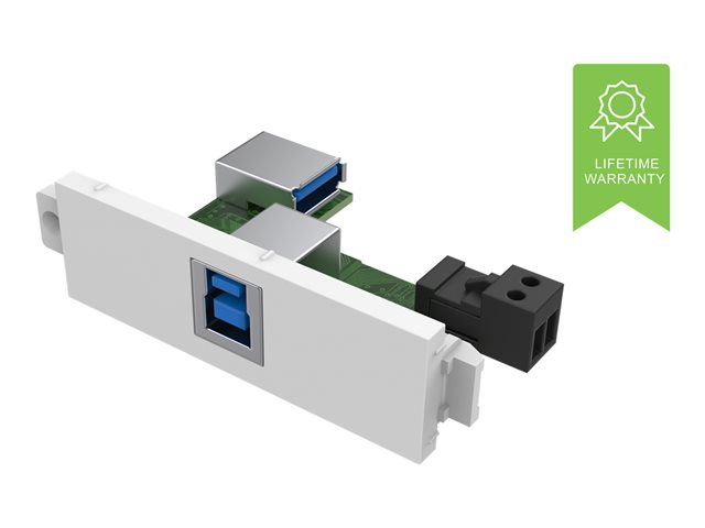 VISION Techconnect Modular AV Faceplate - LIFETIME WARRANTY - USB B (on front) to A module - \"A\" type socket on the rear and square B type socket on the front - USB 3.0 backward compatible with 2.0 - uses USB 5v to boost - for longer cables use a generic 5 Volt / 2 Amp power supply to boost - plastic - white