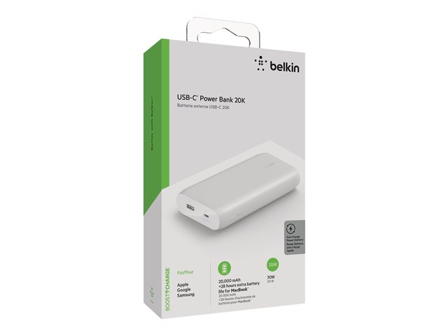 Belkin BoostCharge - Power bank - 20000 mAh - 30 Watt - Fast Charge, PD - 2 output connectors (USB, 24 pin USB-C) - white