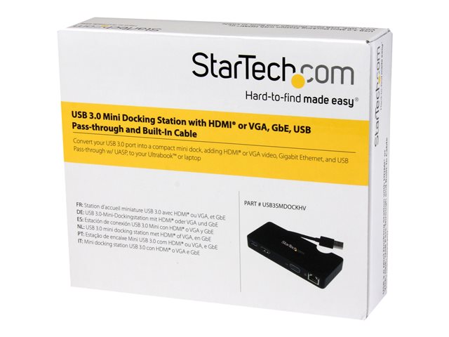 StarTech.com USB 3.0 to HDMI or VGA Adapter Dock - USB 3.0 Mini Docking Station w/ USB, GbE Ports - Portable Universal Laptop Travel Hub (USB3SMDOCKHV) - Docking station - USB - HDMI - 1GbE - for P/N: ARMPIVOT, ARMPIVOTE, ARMPIVSTND, ARMSLIM, ARMUNONB
