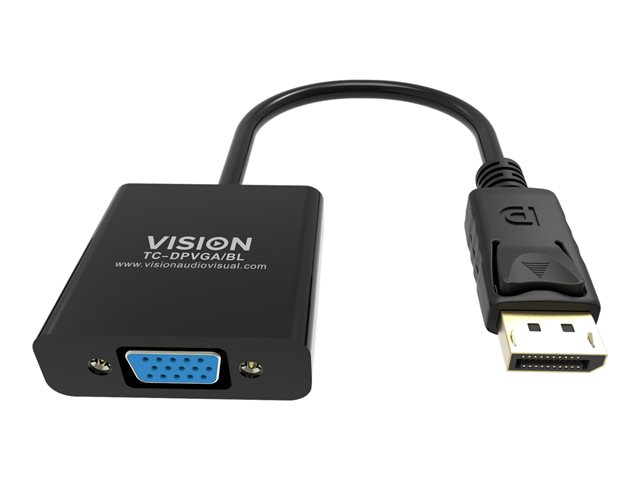 VISION Professional installation-grade DisplayPort to VGA adaptor - LIFETIME WARRANTY - maximum resolution 1920 x 1080 - does not convert VGA to DP - hotplug - DP (M) to VGA (F) - overall length 150 mm - outer diameter 5.5 mm - 32 AWG - black