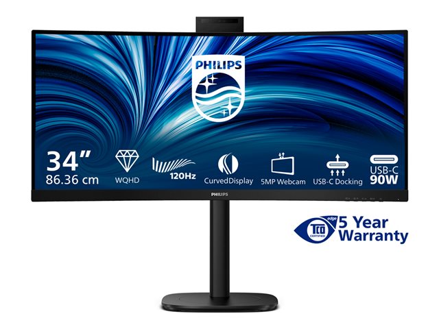 Philips 34B2U3600CH - 3000 Series - LED monitor - curved - 34\" - 3440 x 1440 WQHD @ 120 Hz - VA - 300 cd/m² - 3500:1 - HDR10 - 4 ms - HDMI, DisplayPort, USB-C - speakers - textured black