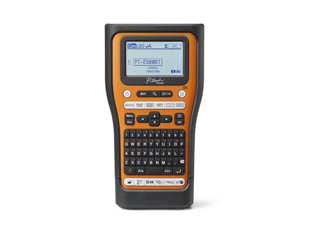 Brother P-Touch PT-E560BTSP - Labelmaker - B/W - thermal transfer - Roll (2.4 cm) - 180 dpi - up to 30 mm/sec - USB 3.0, Bluetooth 5.0 - cutter - Full & Half Cut Function, mirror print - black and orange