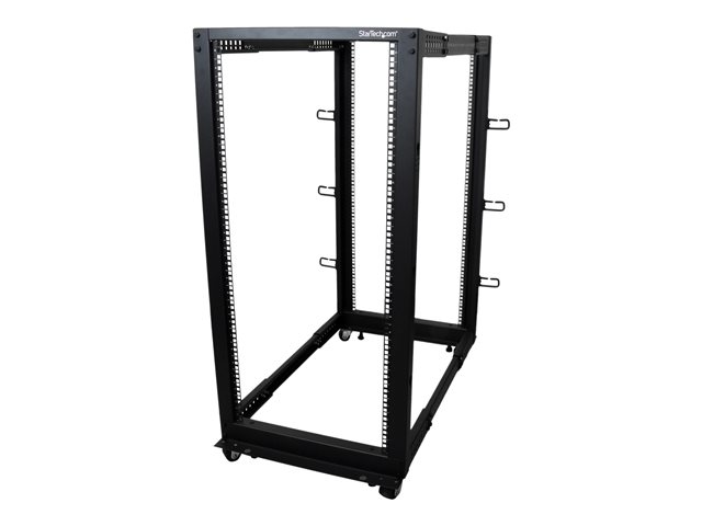 StarTech.com 25U 19\" Open Frame Server Rack, 4 Post Adjustable Depth 22-40\" Mobile, Free Standing Rolling Network/Computer Equipment Data Rack, Dell PowerEdge, HP ProLiant ThinkServer - Adjustable Server Rack (4POSTRACK25U) - Rack open frame - black - 25U - for P/N: CABSCREWM5B, CABSCREWSM5, CABSCREWSM5B, CABSCREWSM62, CABSCREWSM6B, CABSCRWS1224