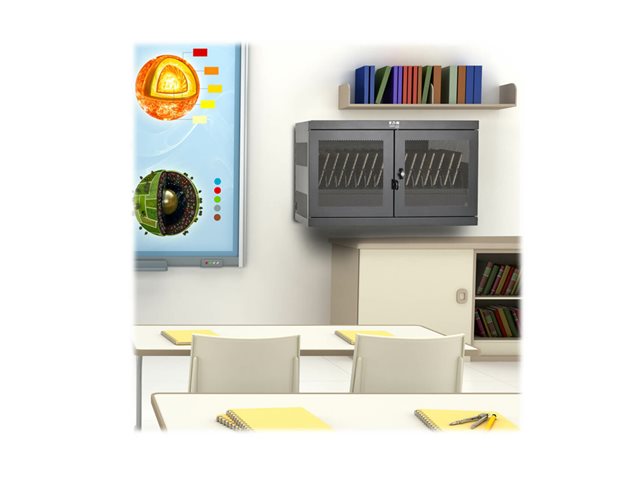 Eaton Tripp Lite Series 16-Device USB Charging Station Cabinet with Sync for iPad and Android Tablets, Wall-Mount and Cart Options, 230V, BS1363 to C13 Plug, Black - Multi-device charger cabinet - with circuit breaker - desktop, wall mountable - blac
