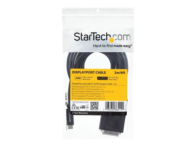 StarTech.com USB-C to DVI Cable - 6 ft / 2m - 1080p - 1920x1200 - USB-C DVI Monitor Cable - USB C Cable - Computer Monitor Cable (CDP2DVIMM2MB) - USB / DVI cable - 24 pin USB-C (M) to DVI-D (M) - Thunderbolt 3 / USB 3.1 - 2 m - 1920 x 1200 (WUXGA) support - black - for P/N: TB4CDOCK