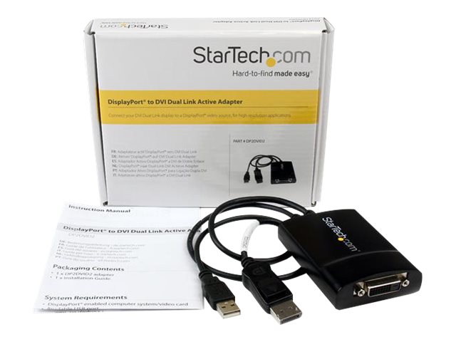 StarTech.com DisplayPort to DVI Adapter - Dual-Link - Active DVI-D Adapter for Your Monitor / Display - USB Powered - 2560x1600 (DP2DVID2) - DisplayPort / DVI adapter - DisplayPort, USB (power only) (M) to DVI-D (F) latched - USB 2.0 / DisplayPort 1.2 - 37 cm - active, USB power, 2560 x 1600 (WQXGA) support - black