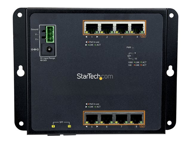 StarTech.com Industrial 8 Port Gigabit PoE+ Switch with 2 SFP MSA Slots, 30W, Layer/L2 Switch Hardened GbE Managed, Rugged High Power Gigabit Ethernet Network Switch IP-30/-40 C to 75 C - Managed Network Switch (IES101GP2SFW) - Switch - Managed - 8 x 10/100/1000 (PoE+) + 2 x SFP - wall-mountable, DIN rail mountable - PoE+ (200 W) - for P/N: GLCLHSMDSTTA, GLCSXMMDST, GLCSXMMDSTT, GLCTEST, MASFP1GBTXST, SFP1GELXST