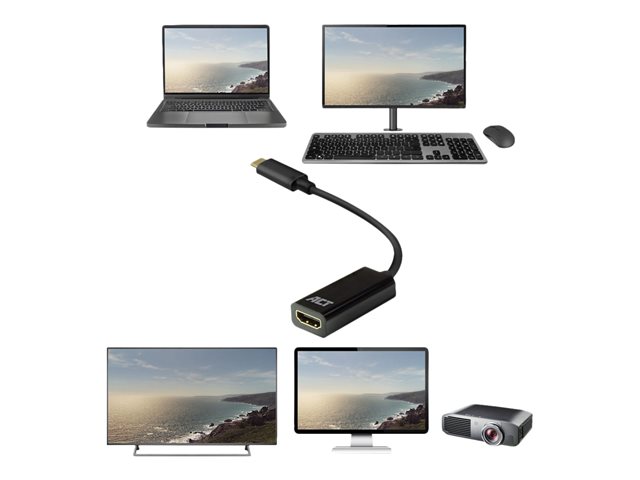 ACT - Videoadapter - 24 pin USB-C male naar HDMI female - 15 cm - beschermd - zwart - ondersteunt 4K30Hz (4096 x 2160), 1920 x 1080 bij 60 Hz-ondersteuning