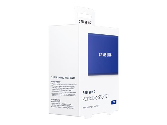 Samsung T7 MU-PC1T0H - Solid state drive - encrypted - 1 TB - external (portable) - USB 3.2 Gen 2 (USB-C connector) - 256-bit AES - indigo blue