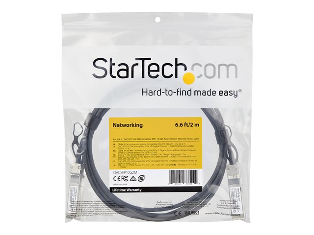 StarTech.com Dell EMC DAC-SFP-10G-2M Compatible 2m 10G SFP+ to SFP+ Direct Attach Cable Twinax, 10GbE SFP+ Copper DAC 10 Gbps Low Power Passive Mini GBIC/Transceiver Module DAC, SFP Plus - Lifetime Warranty (DACSFP10G2M) - 10GBase direct attach cable - SFP+ (P) latched to SFP+ (P) latched - 2 m - twinaxial - passive