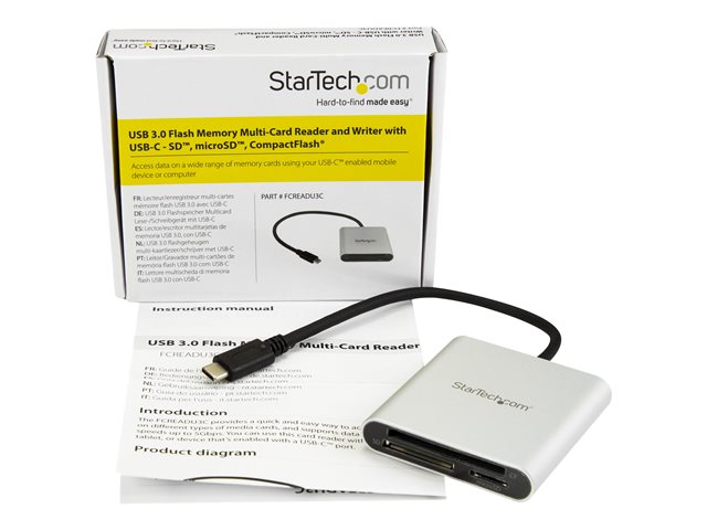 StarTech.com USB 3.0 Flash Memory Multi-Card Reader/Writer with USB-C - SD microSD and CompactFlash Card Reader w/ Integrated USB-C Cable (FCREADU3C) - Card reader (CF I, CF II, MMC, SD, microSD, SDHC, microSDHC, SDXC, microSDXC) - USB 3.0