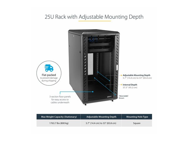 StarTech.com 25U Network Rack Cabinet on Wheels - 36in Deep - Portable 19in 4 Post Network Rack Enclosure for Data & IT Computer Equipment w/ Casters (RK2536BKF) - Rack - 25U